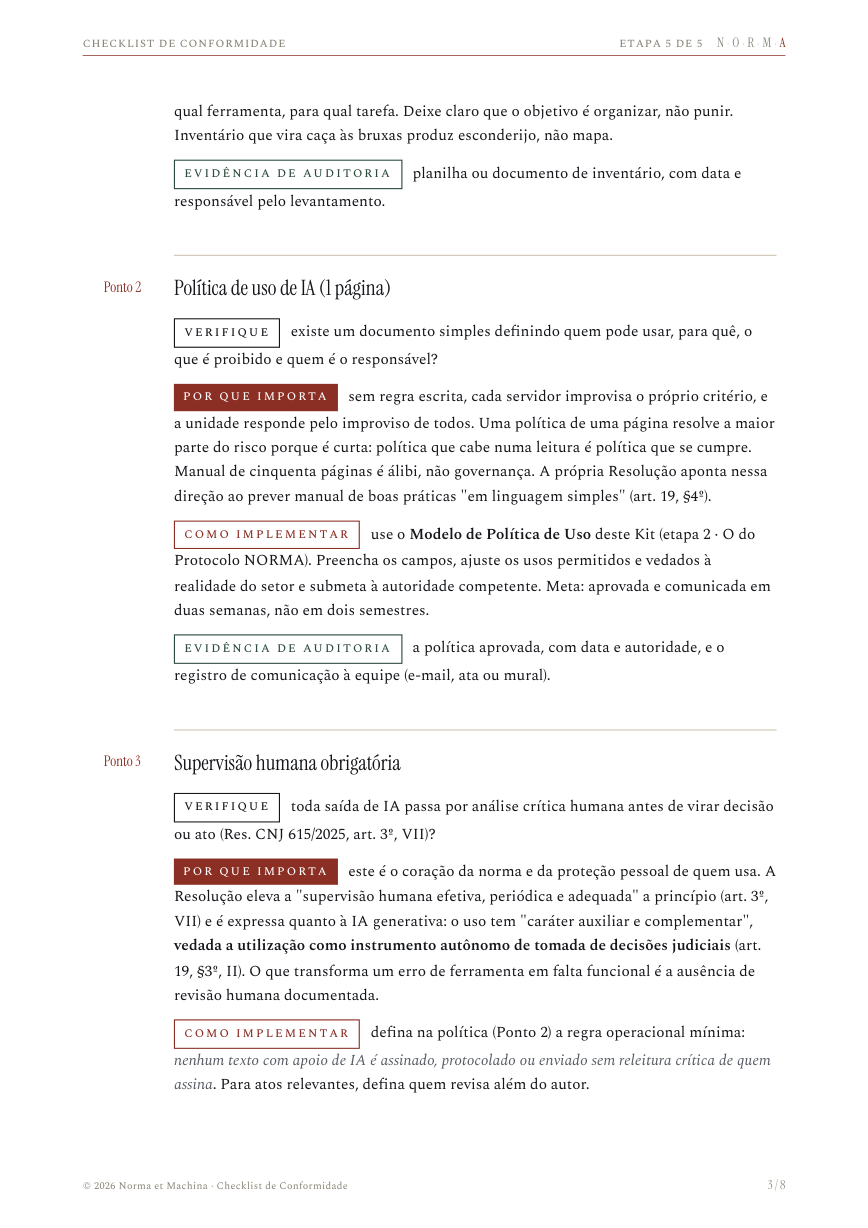 Página do Checklist de Conformidade ampliado, com raciocínio, implementação e evidência de auditoria.