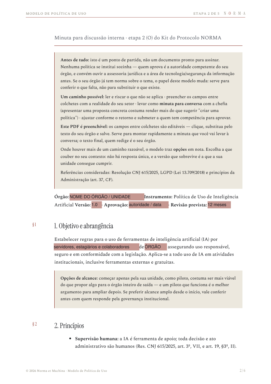 Página do Modelo de Política de Uso de IA, com campos editáveis entre colchetes.
